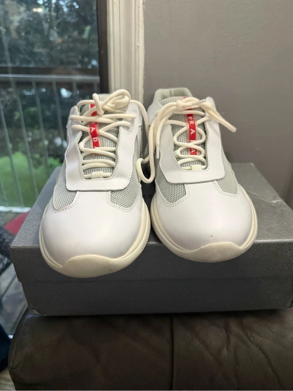 Prada White and Light Gray Low-Top Mesh & Leather Sneakers